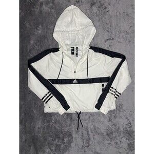 Adidas Women’s Half-Zip Hooded Windbreaker Jacket Small White Black 3-Stripes
